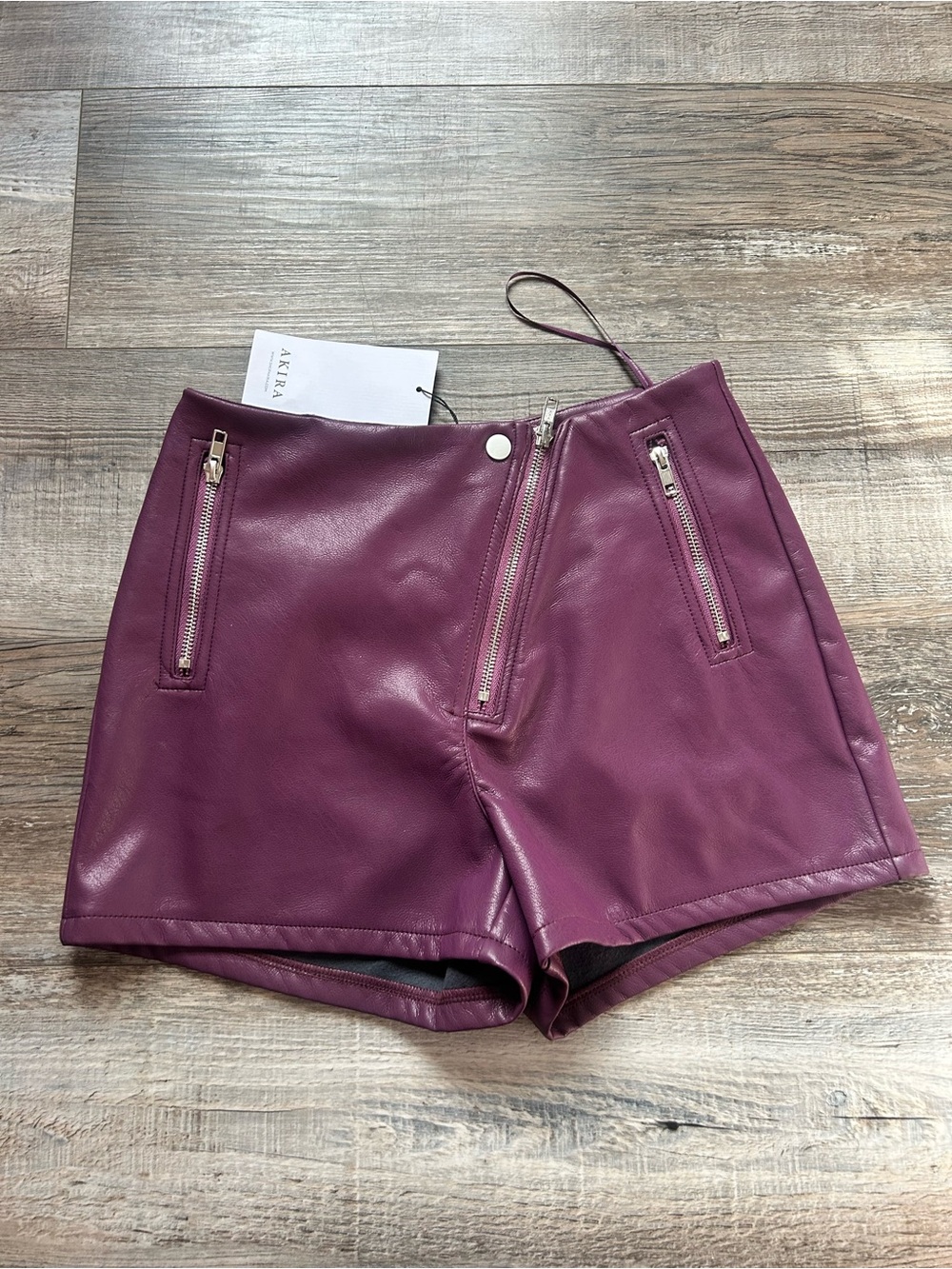 AKIRA Plum Faux Leather High-Waist Shorts with Front Zippers